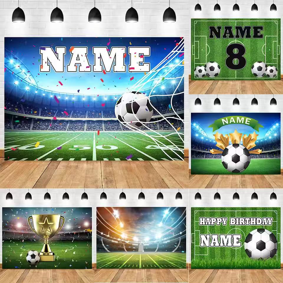 Photography Sport - サッカー背景カスタマイズ名男の子誕生日サッカーフィールドスポーツポスターベビーシャワーバナーゴールデントロフィーフォトブース背景