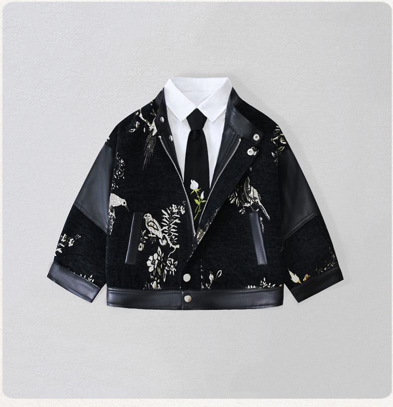 Photography Wedding - 紳士風キッズ刺繍入りバイク用PUレザージャケット 男の子用 防水防風コート キッズクリスマス 新年写真撮影用ウェア
