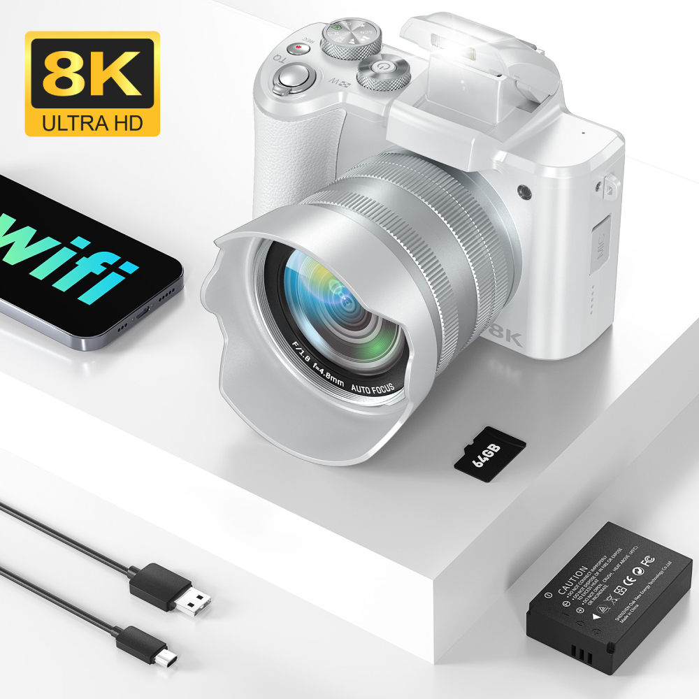 Photography Nature Images - 写真撮影用8Kデジタルカメラ、フロントおよびリアデュアルレンズVloggingカメラ、オートフォーカス、WiFiタッチスクリーン16Xデジタルズーム、ホワイト