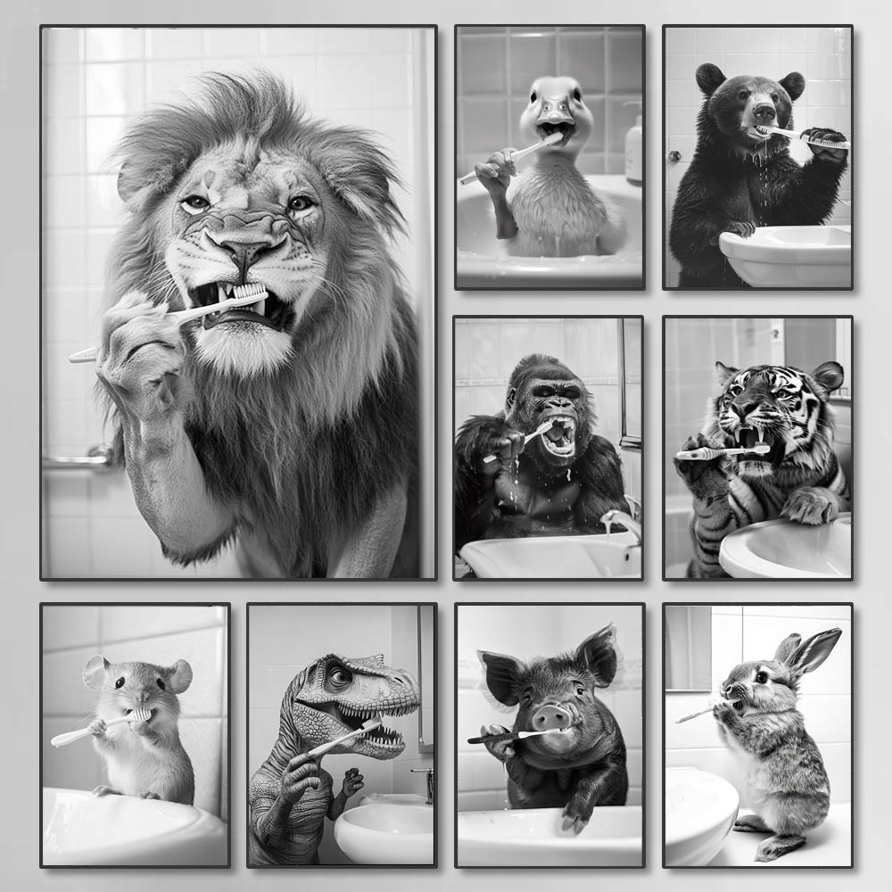 Photography Techniques - 黒、白、面白いバスルーム歯磨きポスター、ヴィンテージスタイルの動物キャンバス絵画プリント、家の装飾用ウォールアート絵画