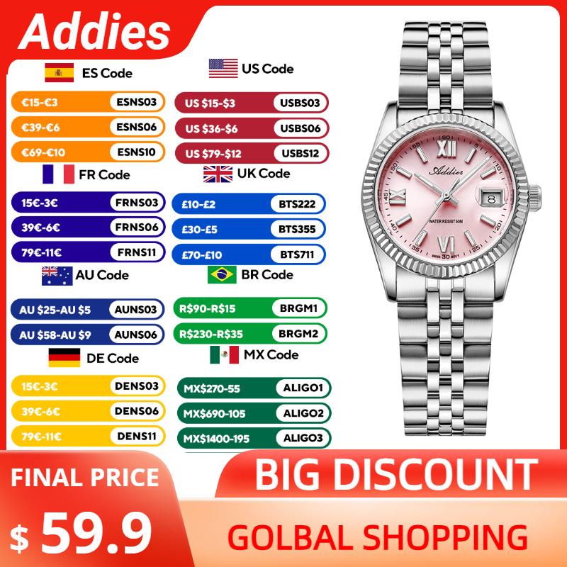 Intervalometer Timer - Addies 高級女性腕時計サファイアクリスタルステンレス鋼女性腕時計ビジネス超発光 50 メートル防水スポーツ腕時計