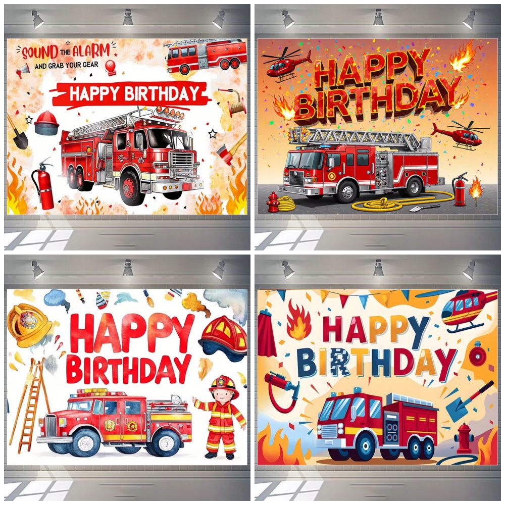 漫画消防車テーマ男の子誕生日パーティー装飾赤い消防車消防士背 - Photography Sport のレビューと価格