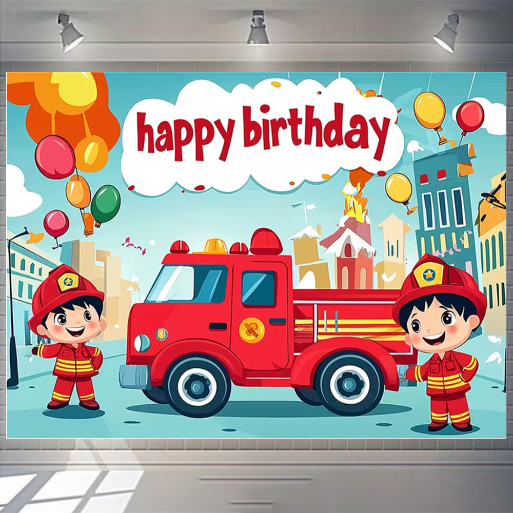 漫画消防車テーマ男の子誕生日パーティー装飾赤い消防車消防士背 - Photography Sport のレビューと価格