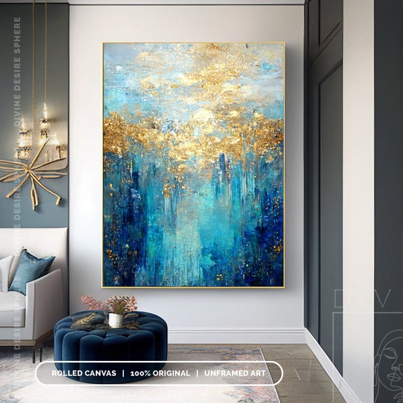 大型モダン金箔アクリル絵画 光沢のあるゴールドダークブルー抽 - Photography Dark のレビューと価格