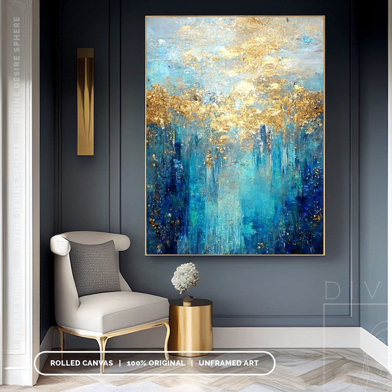 大型モダン金箔アクリル絵画 光沢のあるゴールドダークブルー抽 - Photography Dark のレビューと価格
