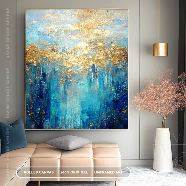 大型モダン金箔アクリル絵画 光沢のあるゴールドダークブルー抽 - Photography Dark のレビューと価格
